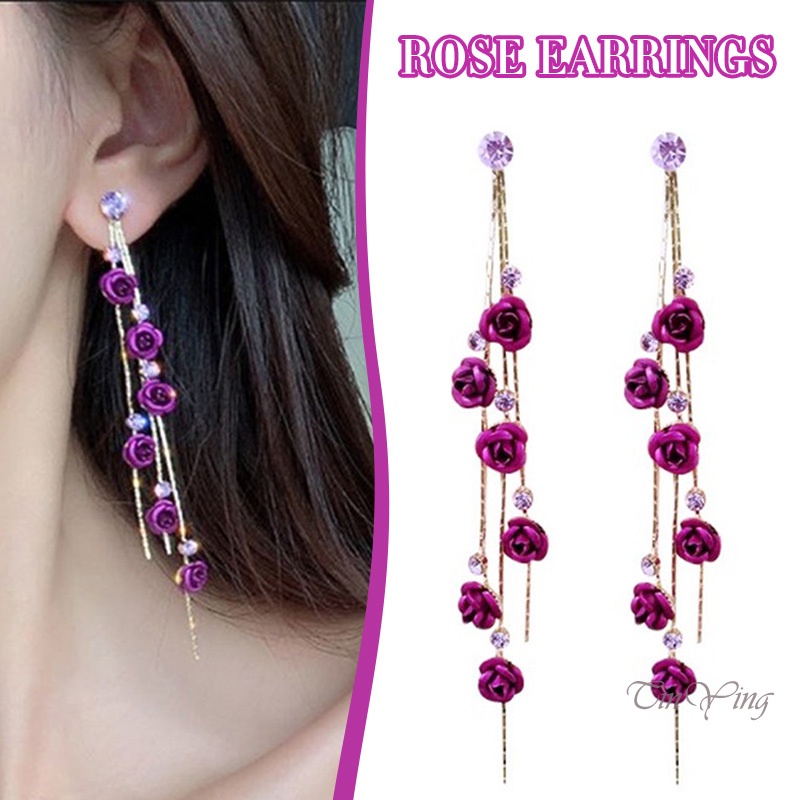 GETNOIVAS Bông Tai DạNg DàI HìNh Hoa HồNg ĐíNh Đá LấP LáNh 8cm