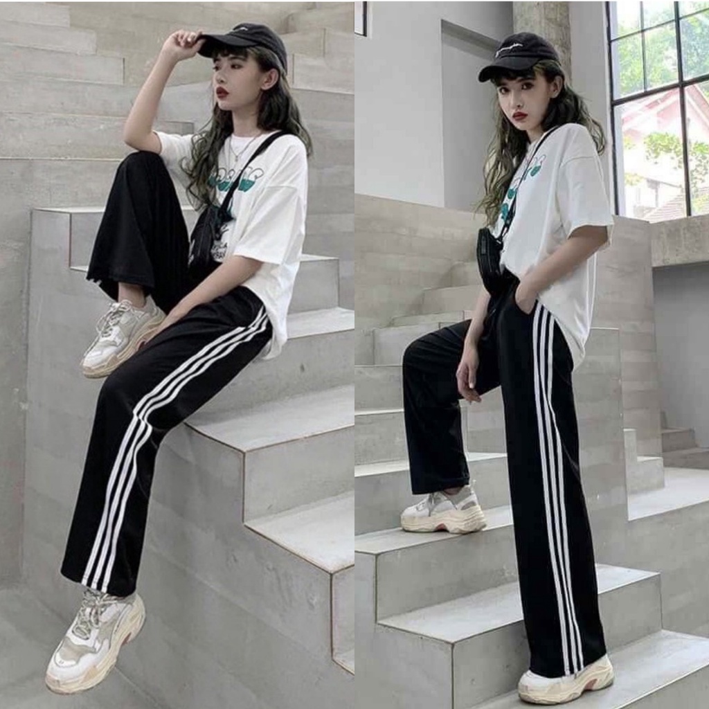 Quần thể thao ống rộng nữ viền kẻ 3 sọc trắng có dây rút gấu chất vải Umi Quần jogger ống rộng nữ mặc đi học thể dục đẹp