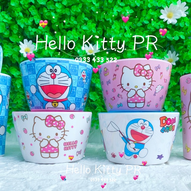 CHÉN MUỖNG LY BÀN ĂN HELLO KITTY &amp; DORAEMON