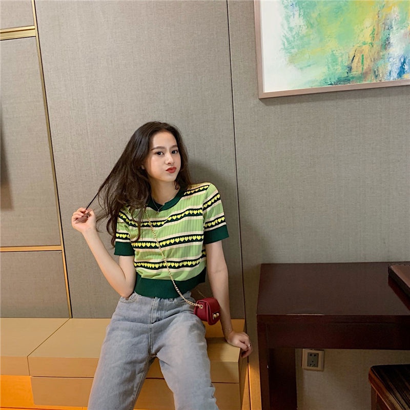 Áo Croptop Dệt Kim Tay Ngắn Cổ Tròn Màu Xanh Bơ Phong Cách Hàn Quốc Thời Trang Cho Nữ