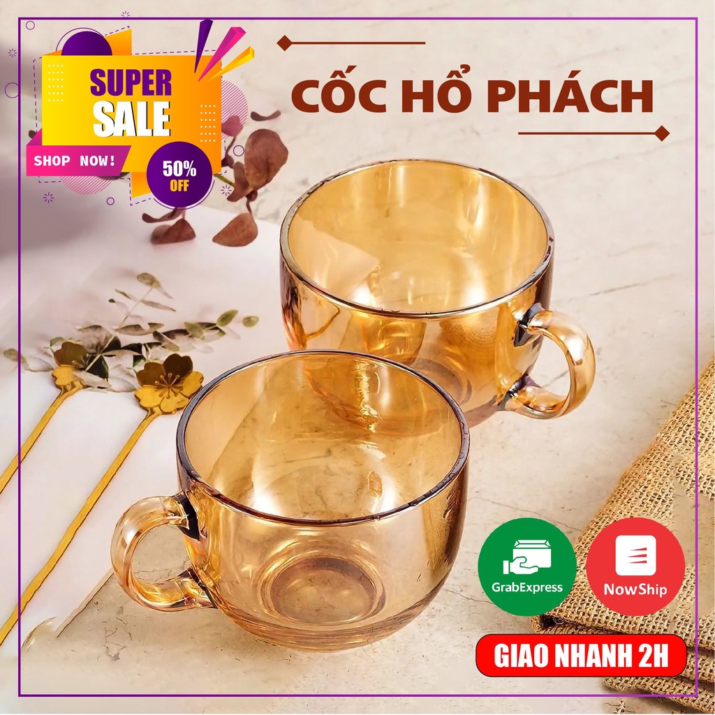 (Combo 3 cốc) Cốc Thủy Tinh Hổ Phách Có Quai Chịu Nhiệt Cao Cấp, Sang Trọng KHÔNG KÈM THÌA