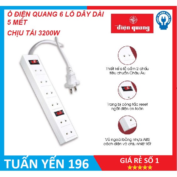 Ổ cắm điện chịu nhiệt Điện Quang ( 3 lỗ / 6 lỗ - Dây dài 2 mét hoặc 5 mét )