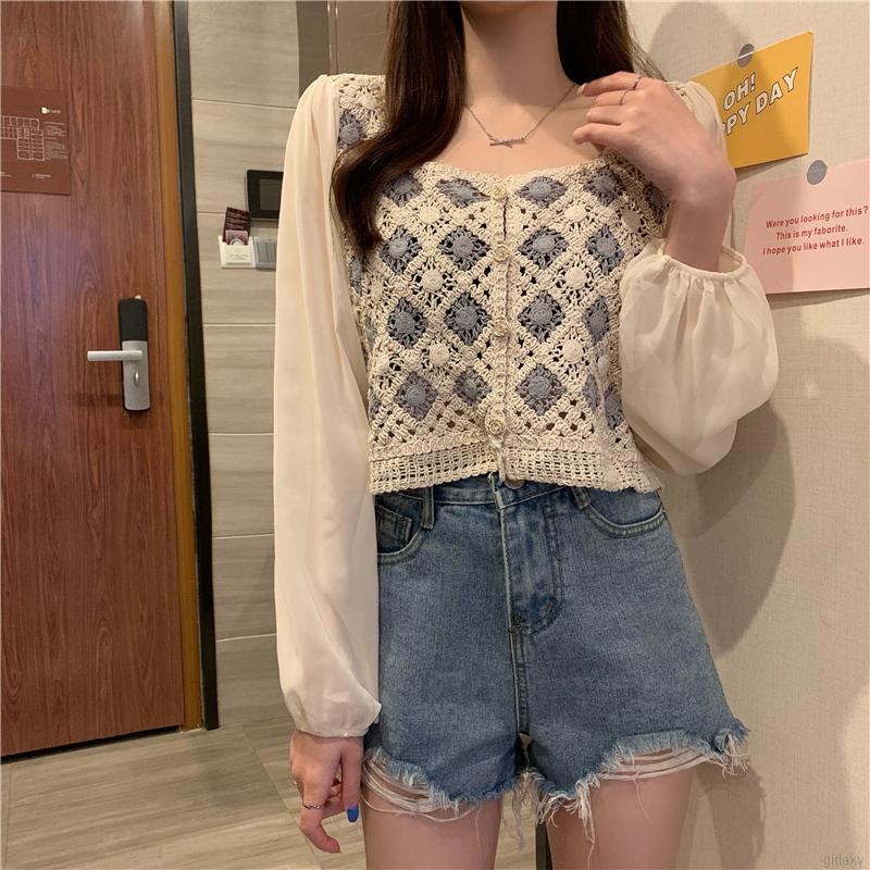 Áo sơ mi chiffon dệt kim cổ vuông tay phồng phối nút kiểu retro Hàn Quốc xinh xắn cho nữ