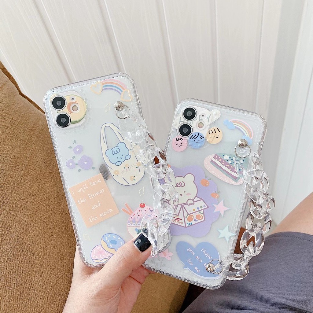 Ốp điện thoại TPU trong suốt in hình gấu dễ thương có dây đeo cho IPhone7 7 plus8 8plus xr x/xs xs max 11 11 pro max 12 pro max