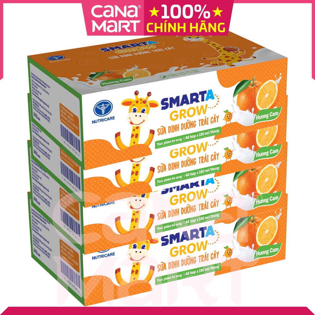 Thùng sữa nước trái cây Smarta Grow (vị cam) cho trẻ thấp còi giúp tăng chiều cao, phát triển não bộ (48 hộp x 110ml)