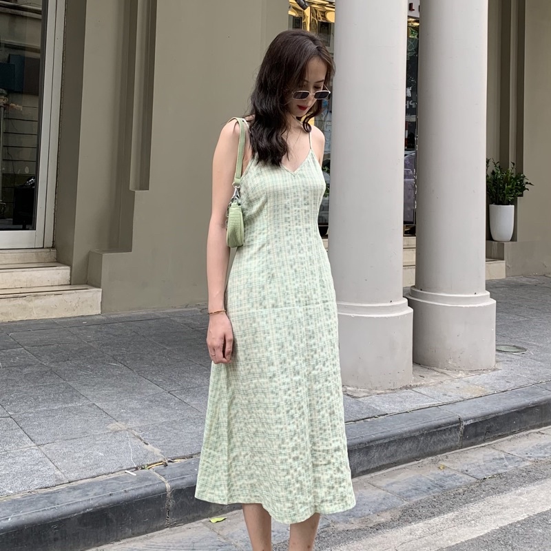 Váy hoa nhí nữ 2 dây dáng dài thiết kế style vintage Huien Design, đầm body cúp ngực cổ tim nhẹ nhàng