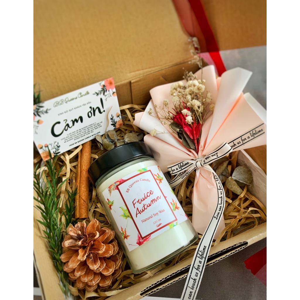NẾN THƠM Handmade hũ 220gr  kèm bó hoa khô mini trang trí _Set quà tặng như hình hương 4 mùa