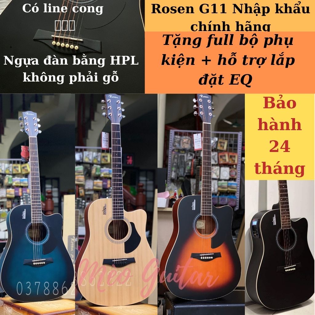 [Chính hãng] Đàn Guitar Acoustic Rosen G11 chính hãng gỗ thịt | Tặng kèm full phụ kiện | G11 chính h