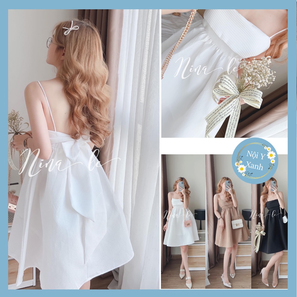 Váy babydoll nơ lưng dự tiệc, Đầm nữ vintage Hàn Quốc chất đẹp, váy trắng, đen, hồng,cánh tiên đính bông