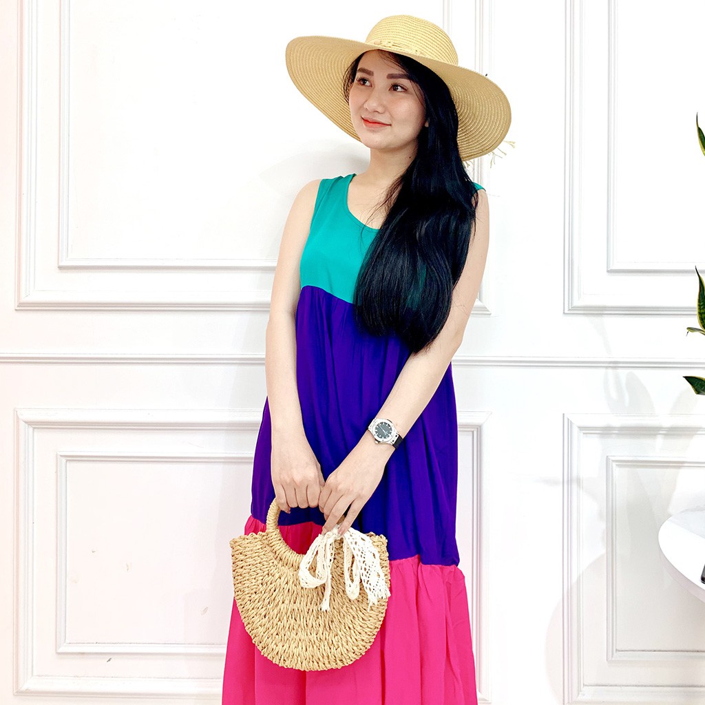 Đầm maxi đi biển phối màu dáng suông - Váy maxi lanh mùa hè [𝑯𝒐𝒕 𝑻𝒓𝒆𝒏𝒅] va023 | BigBuy360 - bigbuy360.vn