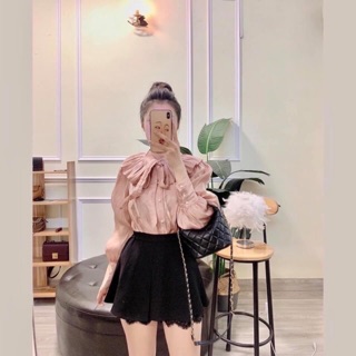 Áo sơ mi kiểu lụa cổ bèo thắt nơ xinh hàng qc cao cấp ❤️