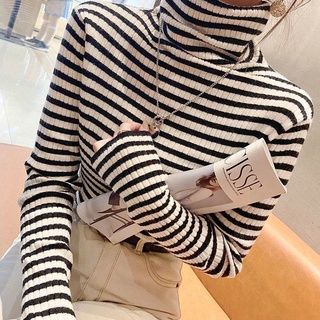 Áo Sweater Cổ Cao Dáng Ôm Họa Tiết Kẻ Sọc Thời Trang Thu Đông 2021 Cho Nữ