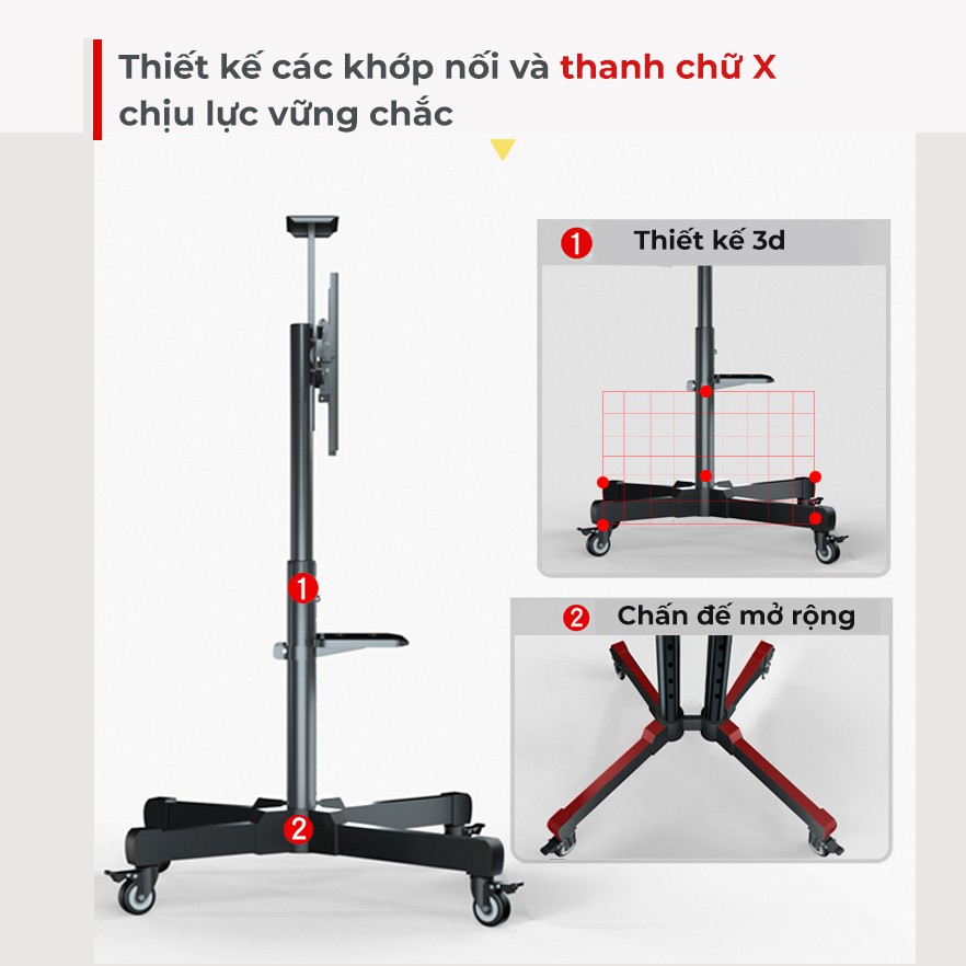 Giá Treo Tivi Siêu Tải Trọng Bánh Xe, Loại Cột Kệ Treo Tivi Hai Tầng Từ  32 - 75 Inch Có Khay Camera Kết Hợp Chỗ Để CPU