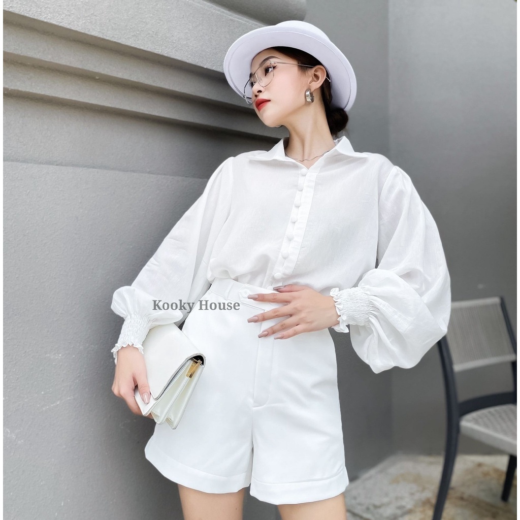 KOOKY HOUSE - SƠMI ALYSA TRẮNG - Áo sơ mi nữ dài tay thiết kế phối nút bọc cao cấp