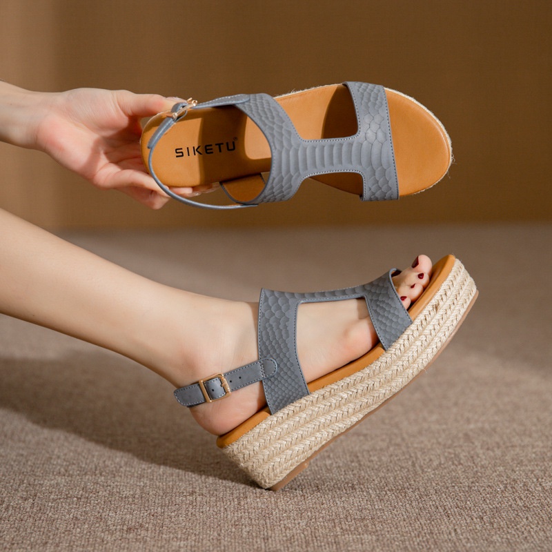 Giày Sandal Đế Xuồng Đan Cói Hở Mũi Thời Trang Retro Cho Nữ