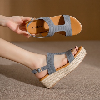 Giày sandal đế xuồng đan cói hở mũi thời trang retro cho nữ