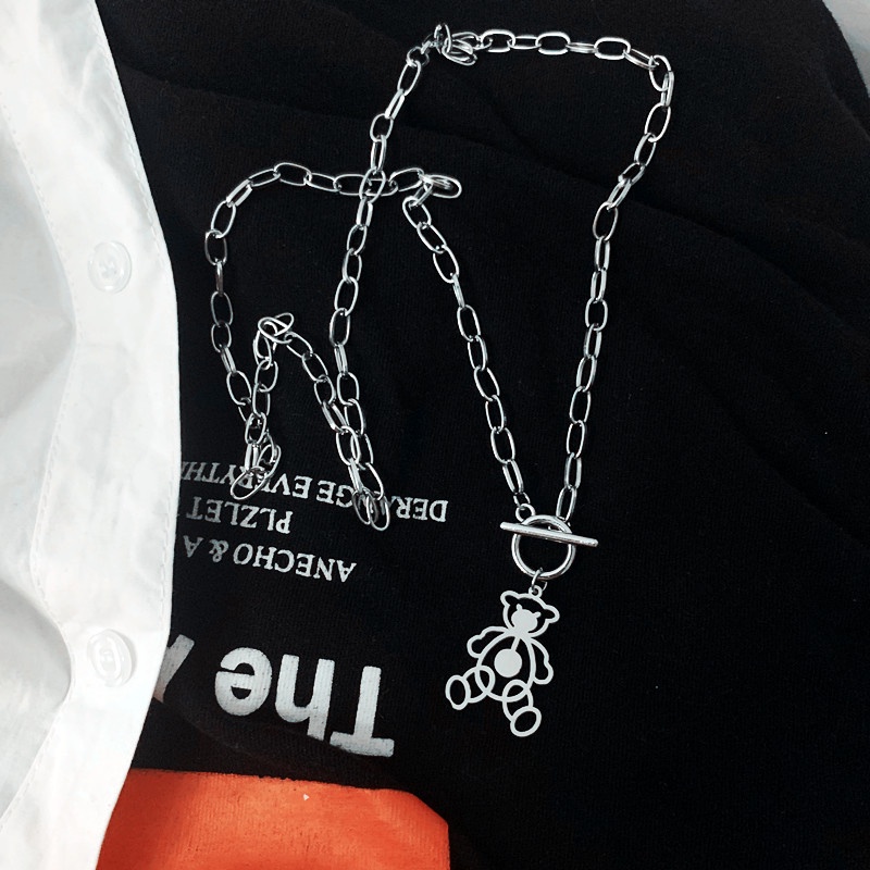 Vòng cổ bằng thép titan mạ bạc mặt hình gấu phong cách hiphop hàn quốc