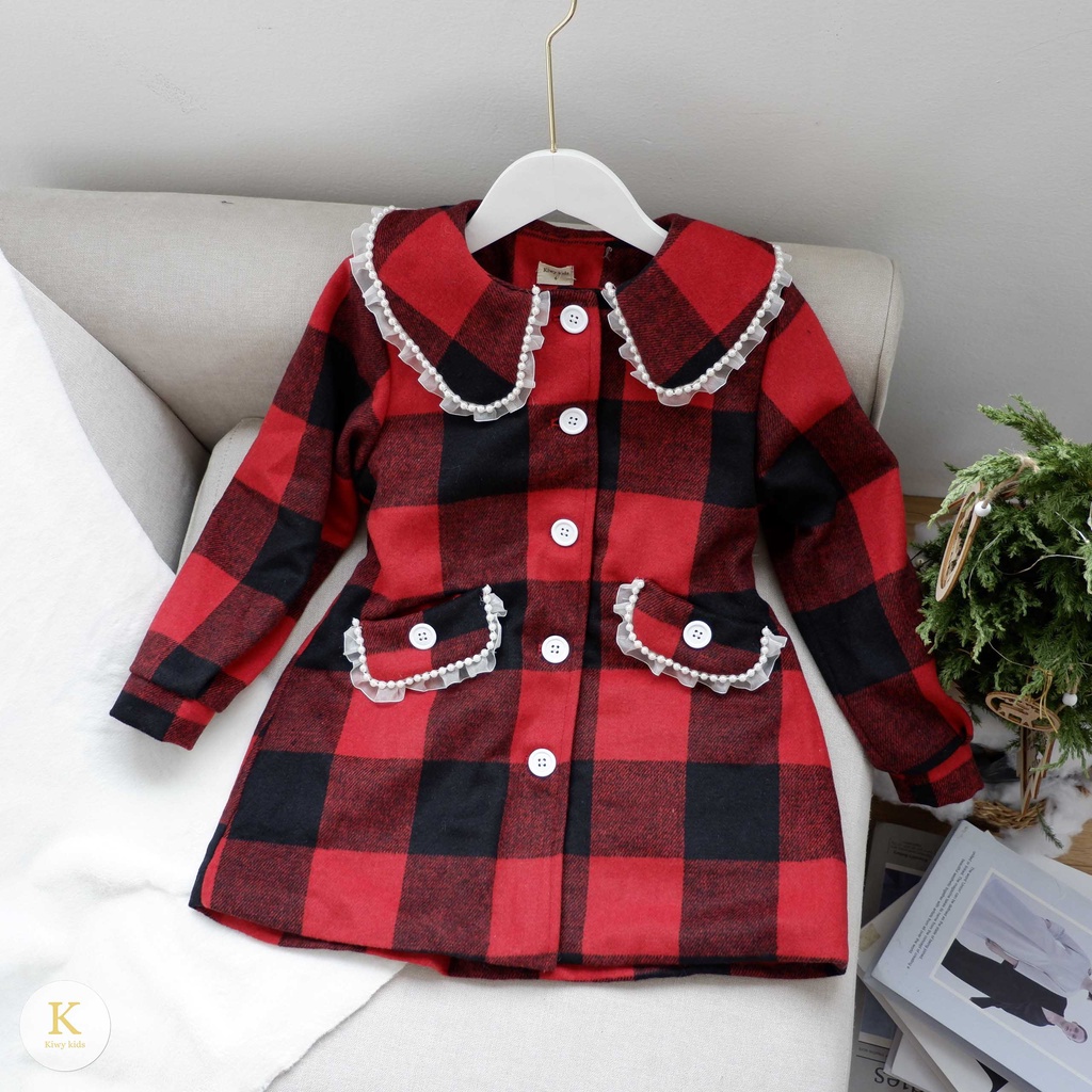 Áo khoác bé gái lót lông Kiwy Kids chất dạ kẻ cổ áo viền ngọc sang chảnh Kids2153 cho bé từ 5 đến 11 tuổi