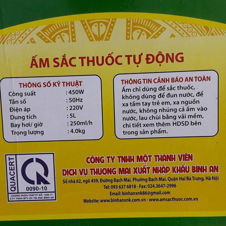 Ấm Sắc Thuốc Trường Thọ 5 Lít BA1188 Dung Tích 5 lít Công Suất 450 W