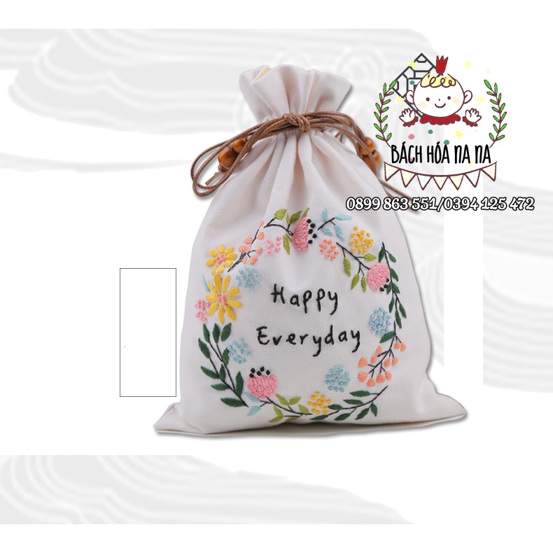 Kit tập thêu DIY - Túi Vải dây rút  họa tiết thêu tay hoa nhỏ hãng Cherish, handmade shop