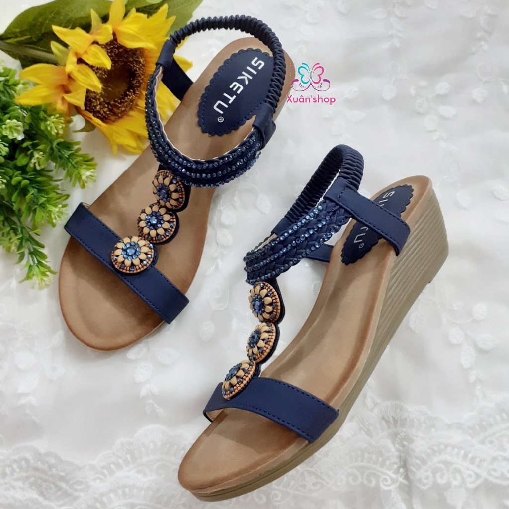 Sandal đế xuồng 5cm Siketu, quai ngang đính hạt xinh xắn (size 36-40)