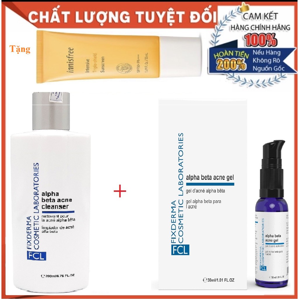 Combo đánh bay mụn Fixderma FCL Alpha Beta Acne cleanser và FCL Alpha beta acne gel tặng kem chống n