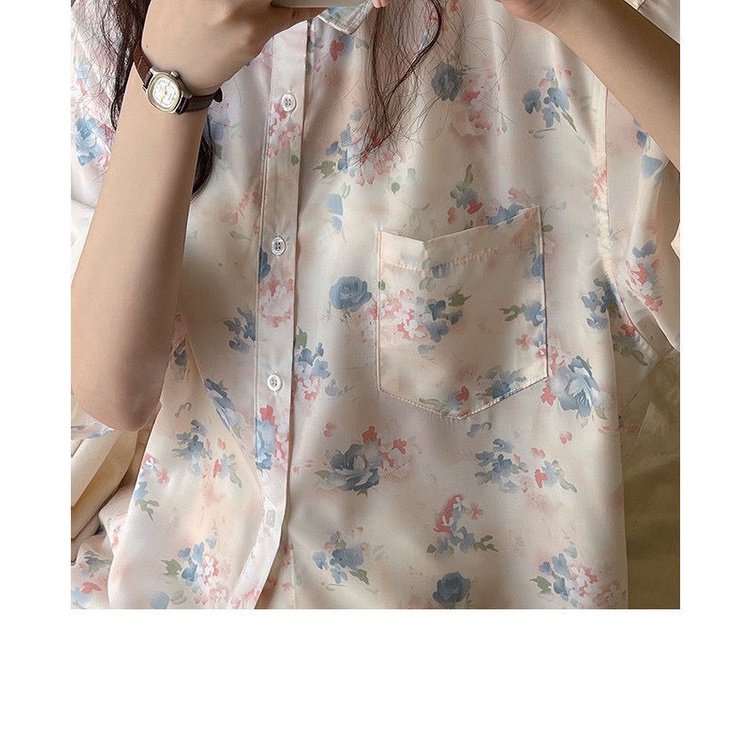 Mới Áo Sơ Mi Tay Ngắn Họa Tiết Hoa Phong Cách Retro Hàn Quốc