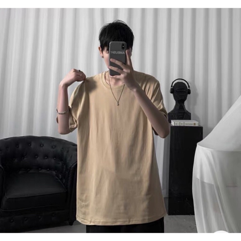 Áo thun tay lỡ trơn màu nam nữ dáng rộng cổ tròn unisex cotton dày dặn