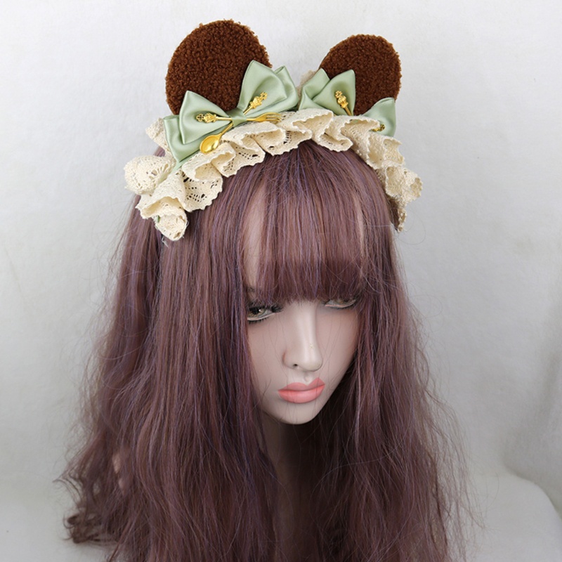 Băng Đô Tai Gấu Bông Nhún Bèo Phối Ren Phong Cách Lolita Nhật Bản