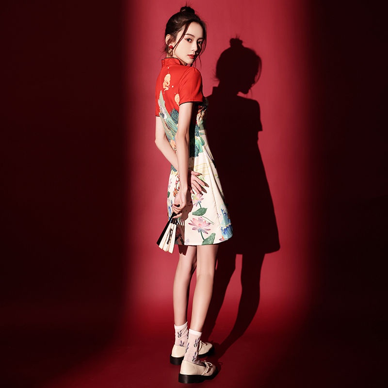 Đầm Sườn Xám Tay Ngắn Cổ Đứng In Họa Tiết Phong Cách Retro Dành Cho Nữ