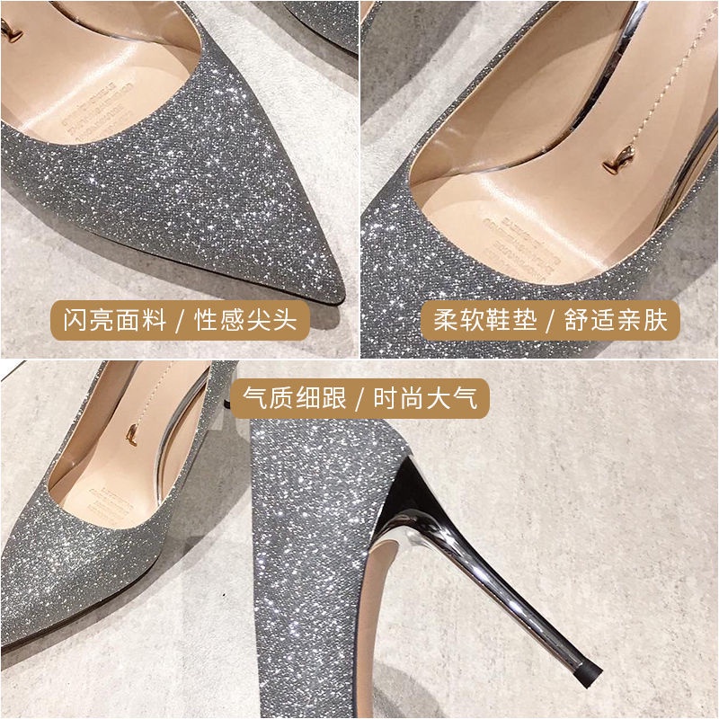Giày Cao Gót 9Cm Mũi Nhọn Đính Kim Sa Quyến Rũ Thời Trang Xuân Thu 2020 Cho Nữ