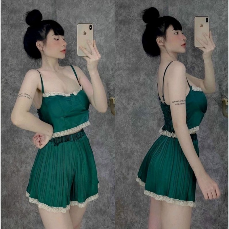 Sét bộ áo 2 dây có mút ngực + Quần dập ly chất vải phi lụa cam kết hàng y hình ( size dưới 51kg) | BigBuy360 - bigbuy360.vn