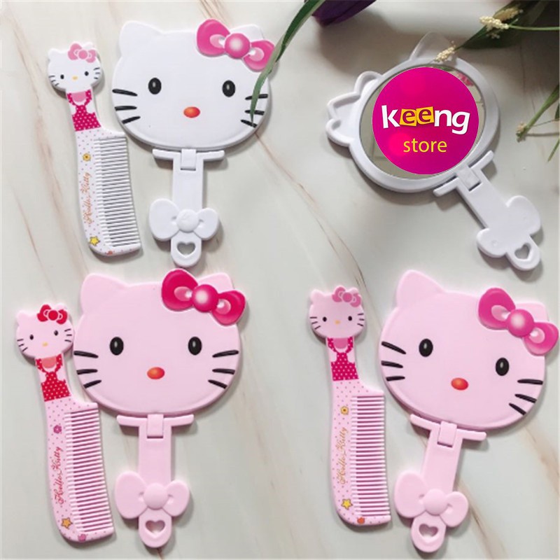 Gương trang điểm cầm tay Hello kitty kèm lược dễ thương siêu cute đáng yêu bỏ túi tiện dụng