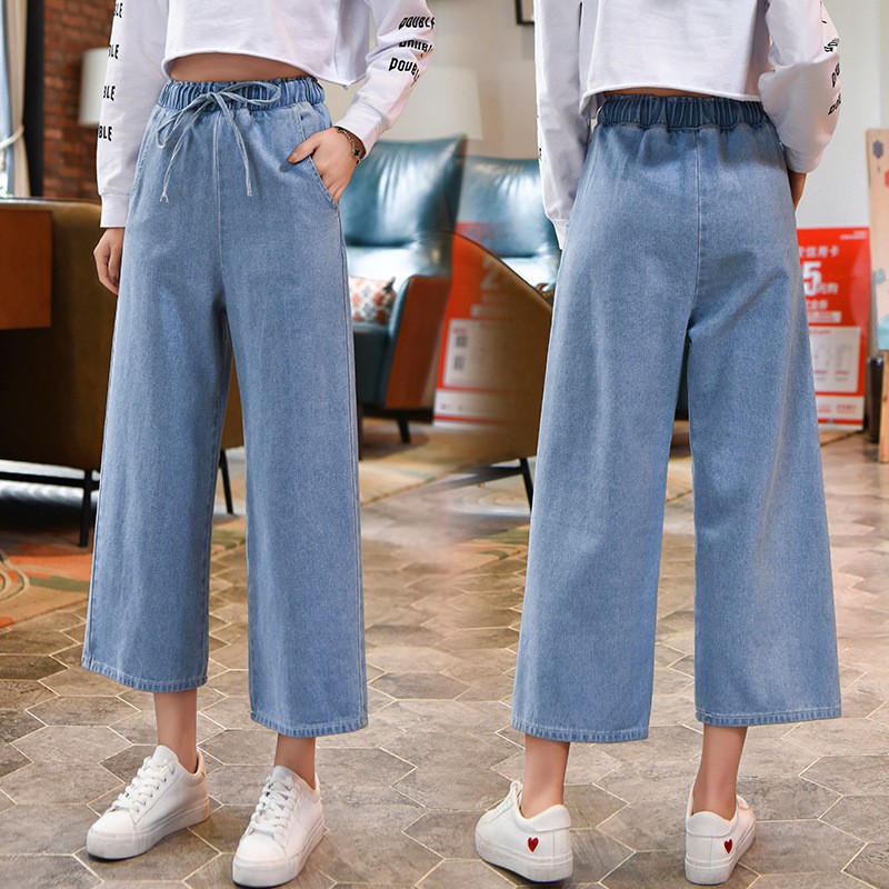 (Sẵn)Quần jean nữ mỏng rộng rãi cạp chun ống rộng chín phân | BigBuy360 - bigbuy360.vn