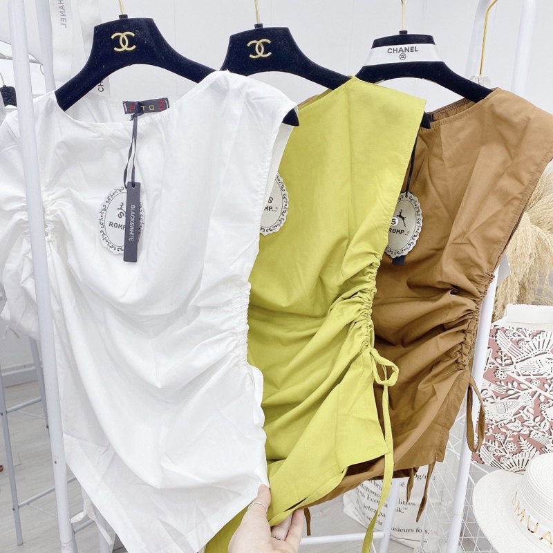 Áo kiểu nhún eo lệch vạt Áo sơ mi chất thô nến tiểu thư sang chảnh