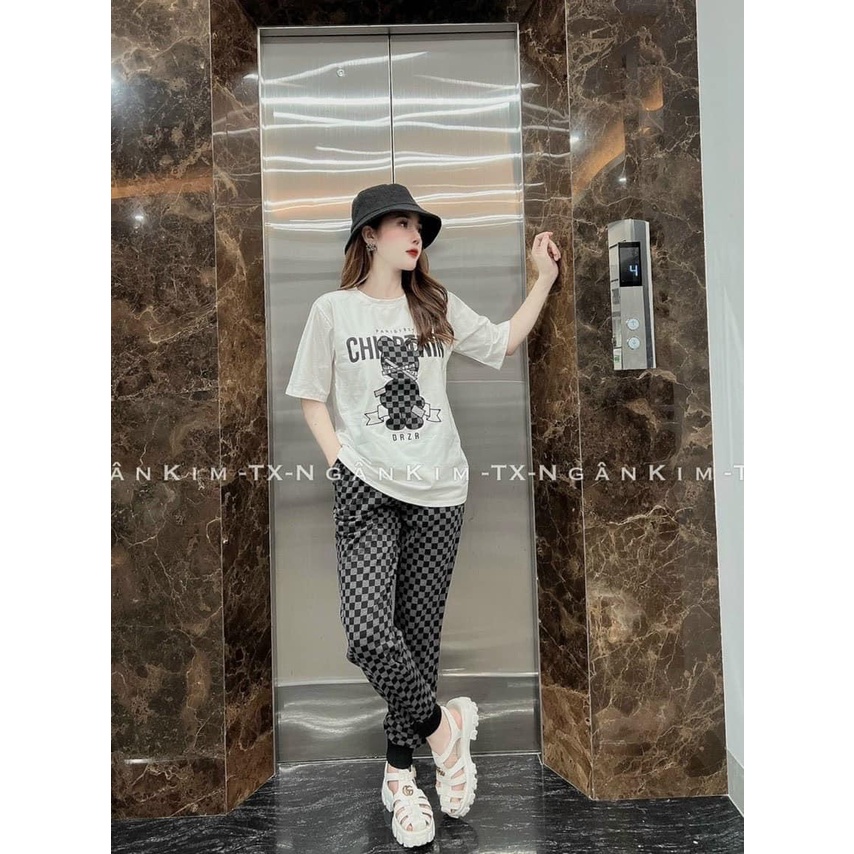 Set bộ thể thao nữ, set áo thun in gấu quần dài caro đen ống túm đi chơi cá tính, năng động