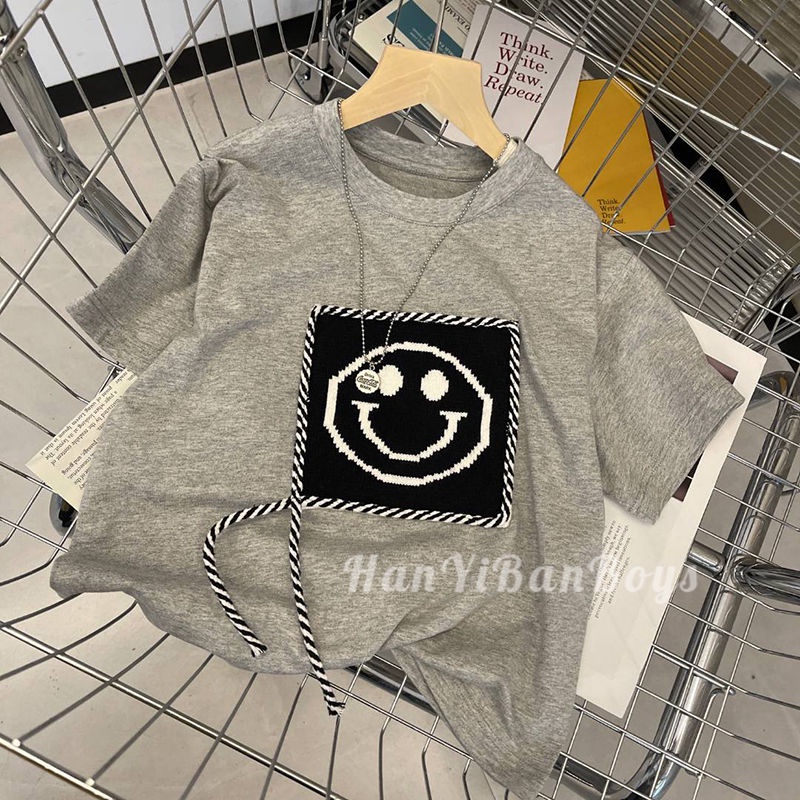 Set Áo Thun Ngắn Tay In Hình Mặt Cười + Quần Short Thời Trang Mùa Hè Cho Bé Trai