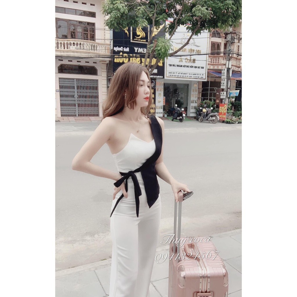 jumpsuit dài nữ lệch vai (có mút ngực) cột nơ eo
