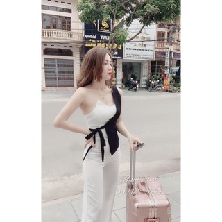 Jumpsuit dài nữ lệch vai cột nơ eo