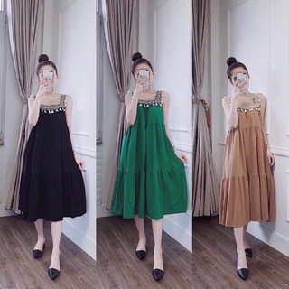 Đầm Maxi phối 2 dây bảng to viền thổ cẩm dễ thương (có 7 màu)