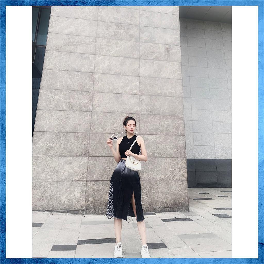 [Jeans nữ thiết kế] Chân váy jeans rách, chân váy bò dáng dài lưng cao túi chéo loang màu. Mã S8135 | BigBuy360 - bigbuy360.vn