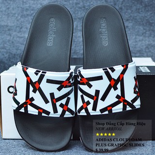 Dép Adidas Cloudfoam Plus Graphic màu đen quai trắng logo đen đỏ