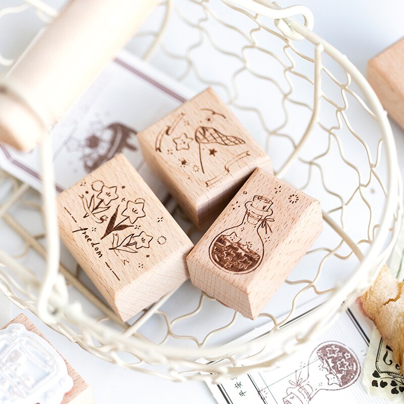 Con dấu gỗ in họa tiết xinh xắn dùng để trang trí sổ tay thủ công DIY