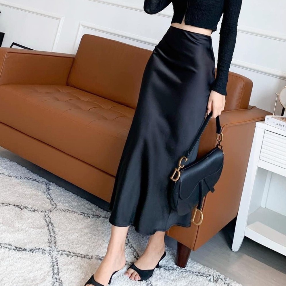 Váy satin lụa dài qua gối ulzzang hàn quốc kiểu chữ A đẹp dáng dài công sở phù hợp cả trung niên.