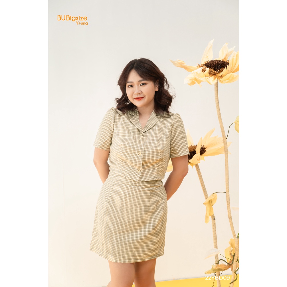 Set áo cổ bẻ ve + Chân váy chữ A kẻ caro BIGSIZE (55kg đến 95kg) - 22YBD09 - [BU Bigsize Young]