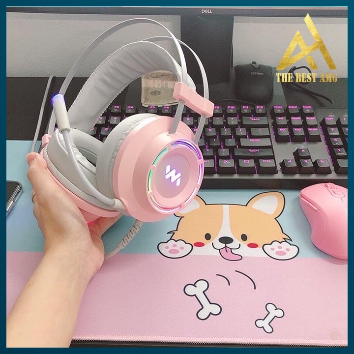 Tai Nghe Máy Tính Laptop Chụp Tai Gaming Headphone Có Mic LED RGB WANGMING 9800S Hồng- Tai Nghe Nhạc Chơi Game Có Dây