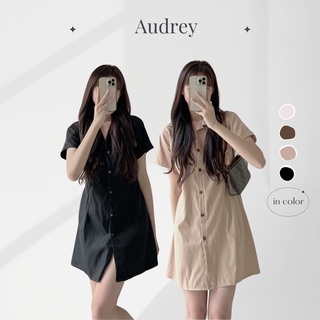 V729 Váy sơ mi AUDREY cài cúc chiết eo lưng chun ngắn tay nhiều màu dáng basic Hàn Quốc
