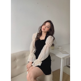 Váy nhung đen tay voan NH-003, váy liền cổ vuông phối lụa