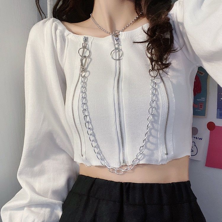 Áo Dệt Kim Tay Dài Trễ Vai Phối Dây Xích Dáng Ngắn Phong Cách Hồng Kông Cổ Điển Thời Trang 2022