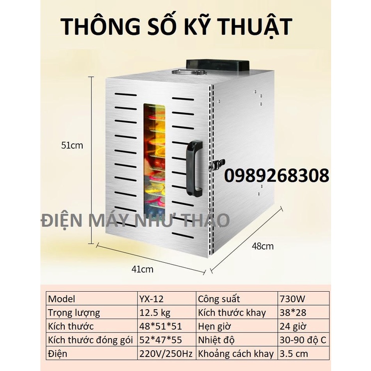 Máy sấy thực phẩm XY-12 12 khay sấy cao cấp - 100% inox phím điều khiển bền bỉ - BH 2 năm